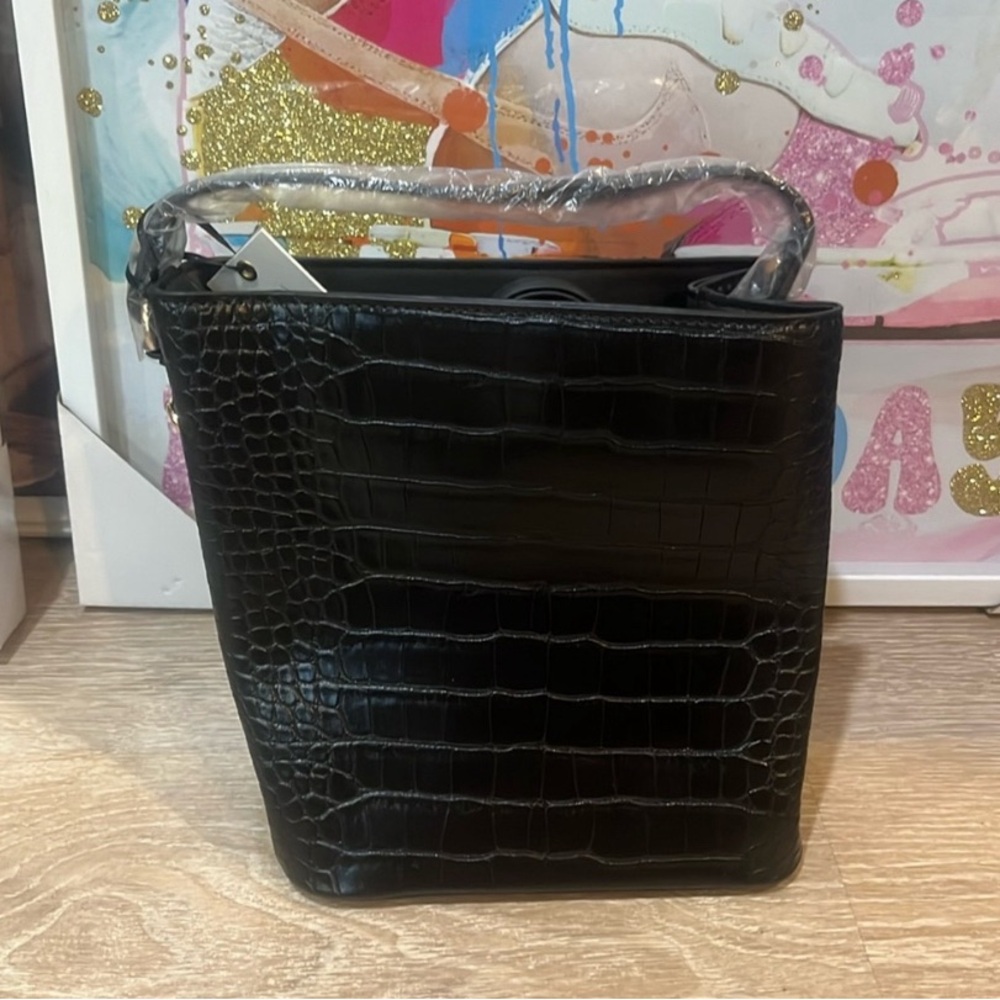 Aota Black Vegan Elana Croc-Embossed Bucket Crossbody Sling Bag